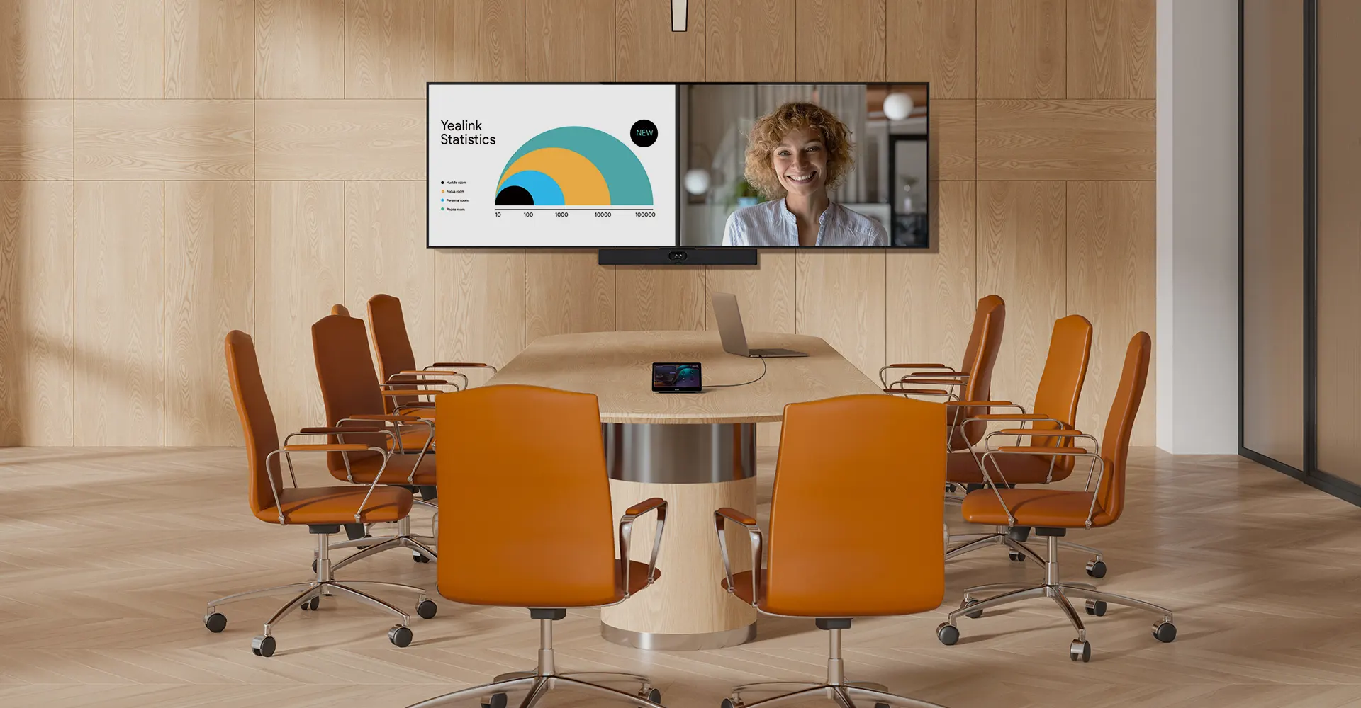 Sala de reunião média com equipe em videoconferência